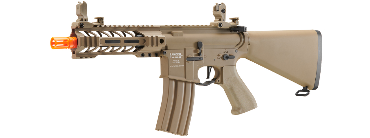 Lancer Tactical Proline 7" M-LOK Battle Hawk Airsoft AEG w/ Stubby Stock (Color: Tan) - Click Image to Close