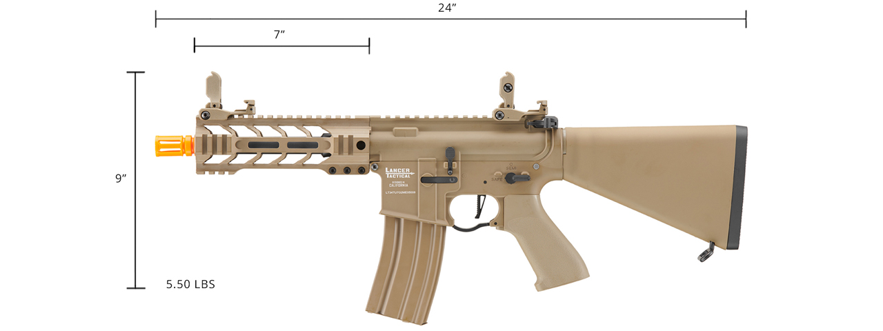 Lancer Tactical Proline 7" M-LOK Battle Hawk Airsoft AEG w/ Stubby Stock (Color: Tan) - Click Image to Close