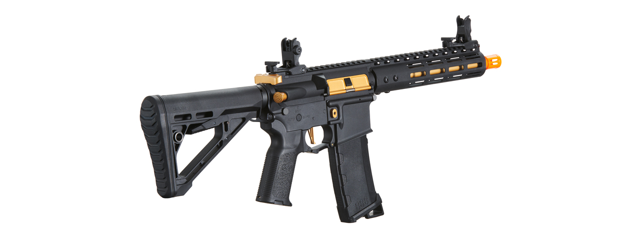 Lancer Tactical Gen 3 Archon 9" M-LOK M4 Airsoft Rifle w/ Delta Stock (Color: Black & Gold) - Click Image to Close