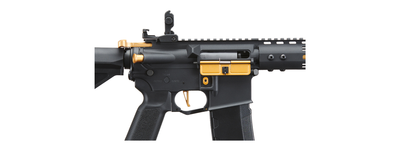 Lancer Tactical Gen 3 Archon 9" M-LOK M4 Airsoft Rifle w/ Delta Stock (Color: Black & Gold) - Click Image to Close