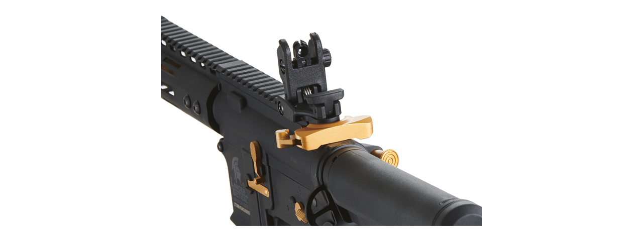 Lancer Tactical Gen 3 Archon 9" M-LOK M4 Airsoft Rifle w/ Delta Stock (Color: Black & Gold) - Click Image to Close