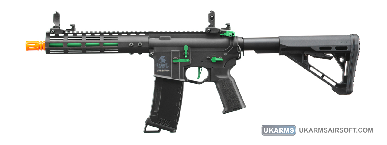 Lancer Tactical Gen 3 Archon 9" M-LOK M4 Airsoft Rifle w/ Delta Stock (Color: Black & Green) - Click Image to Close