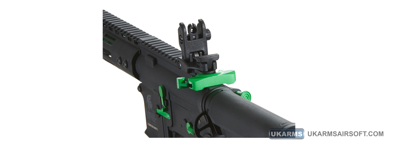 Lancer Tactical Gen 3 Archon 9" M-LOK M4 Airsoft Rifle w/ Delta Stock (Color: Black & Green) - Click Image to Close