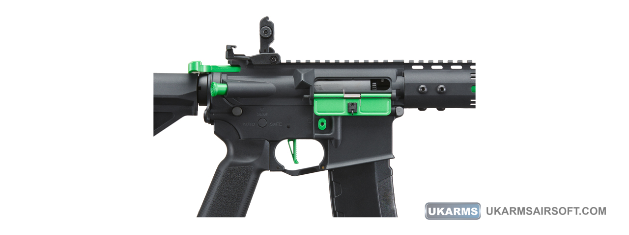 Lancer Tactical Gen 3 Archon 9" M-LOK M4 Airsoft Rifle w/ Delta Stock (Color: Black & Green) - Click Image to Close