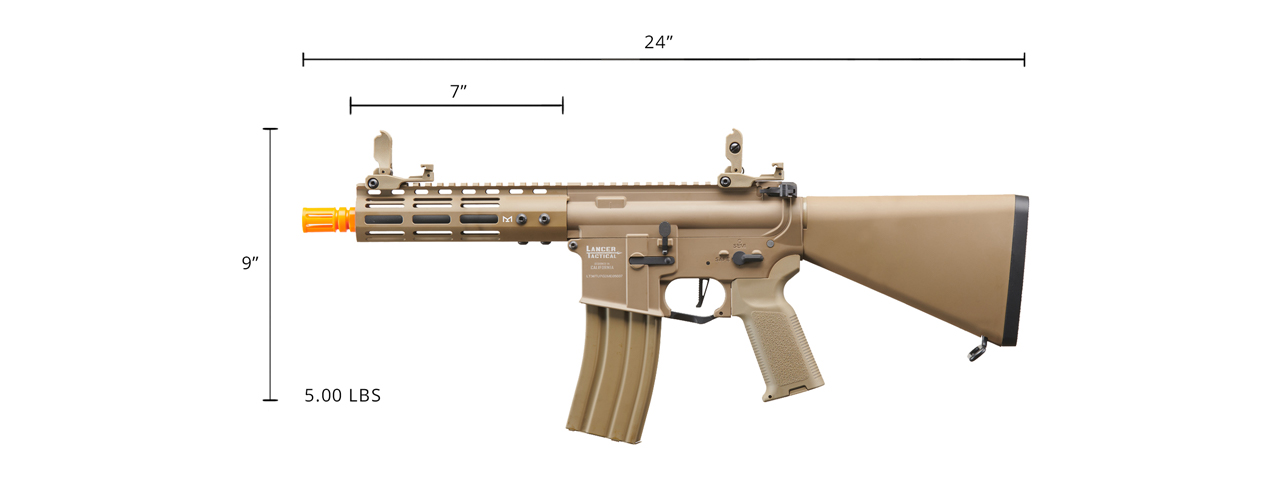 Lancer Tactical Archon 7" M-LOK Proline Series M4 Airsoft Rifle w/ Stubby Stock (Color: Tan) - Click Image to Close