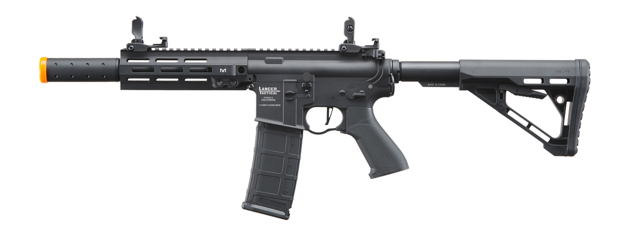 Lancer Tactical Blazer 7" M-LOK Proline Series M4 Airsoft Rifle w/ Delta Stock & Mock Suppressor (Color: Black) - Click Image to Close