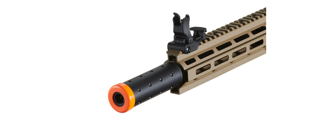 Lancer Tactical Blazer 10" M-LOK Proline Series M4 Airsoft Rifle with Delta Stock & Mock Suppressor (Color: FDE Upper Receiver & Black Lower) - Click Image to Close