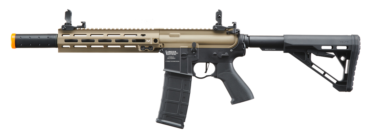 Lancer Tactical Blazer 10" M-LOK Proline Series M4 Airsoft Rifle with Delta Stock & Mock Suppressor (Color: FDE Upper Receiver & Black Lower) - Click Image to Close