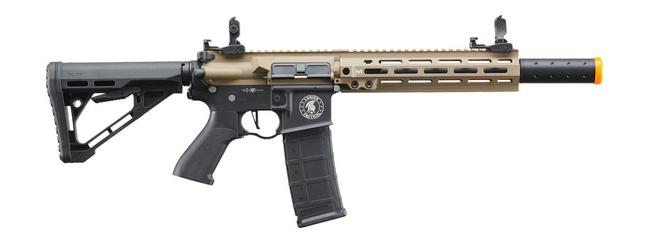 Lancer Tactical Blazer 10" M-LOK Proline Series M4 Airsoft Rifle with Delta Stock & Mock Suppressor (Color: FDE Upper Receiver & Black Lower)