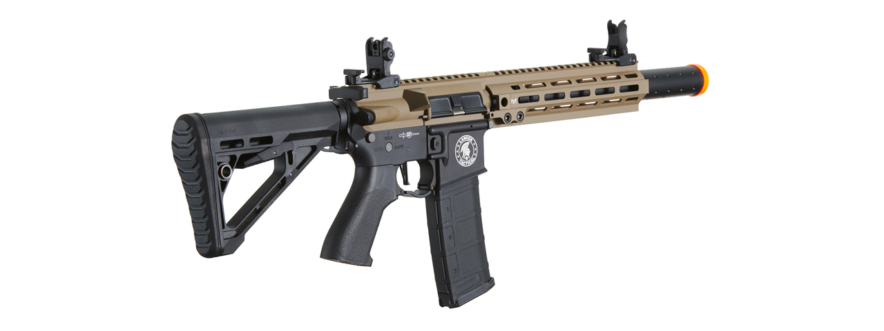 Lancer Tactical Blazer 10" M-LOK Proline Series M4 Airsoft Rifle with Delta Stock & Mock Suppressor (Color: FDE Upper Receiver & Black Lower) - Click Image to Close