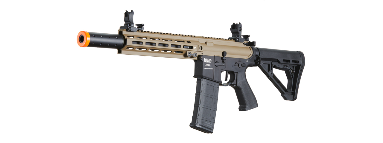 Lancer Tactical Blazer 10" M-LOK Proline Series M4 Airsoft Rifle with Delta Stock & Mock Suppressor (Color: FDE Upper Receiver & Black Lower)