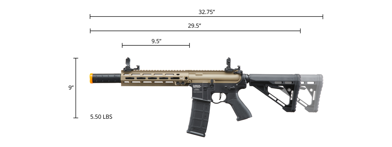 Lancer Tactical Blazer 10" M-LOK Proline Series M4 Airsoft Rifle with Delta Stock & Mock Suppressor (Color: FDE Upper Receiver & Black Lower) - Click Image to Close