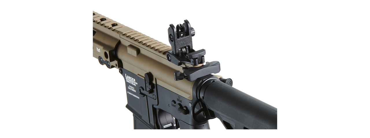 Lancer Tactical Blazer 10" M-LOK Proline Series M4 Airsoft Rifle with Delta Stock & Mock Suppressor (Color: FDE Upper Receiver & Black Lower)