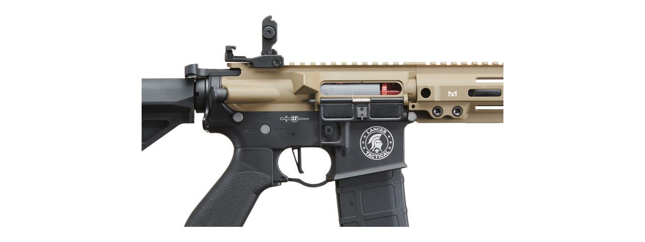 Lancer Tactical Blazer 10" M-LOK Proline Series M4 Airsoft Rifle with Delta Stock & Mock Suppressor (Color: FDE Upper Receiver & Black Lower) - Click Image to Close