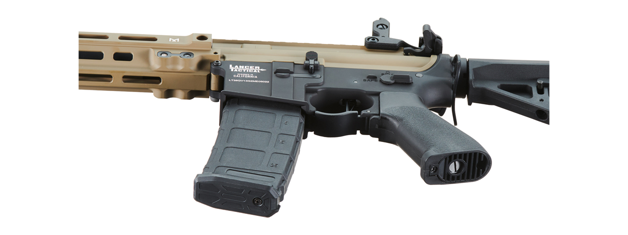 Lancer Tactical Blazer 10" M-LOK Proline Series M4 Airsoft Rifle with Delta Stock & Mock Suppressor (Color: FDE Upper Receiver & Black Lower) - Click Image to Close