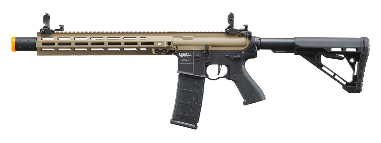 Lancer Tactical Blazer 13" M-LOK Proline Series M4 Airsoft Rifle with Delta Stock & Mock Suppressor (Color: FDE Upper Receiver & Black Lower) - Click Image to Close