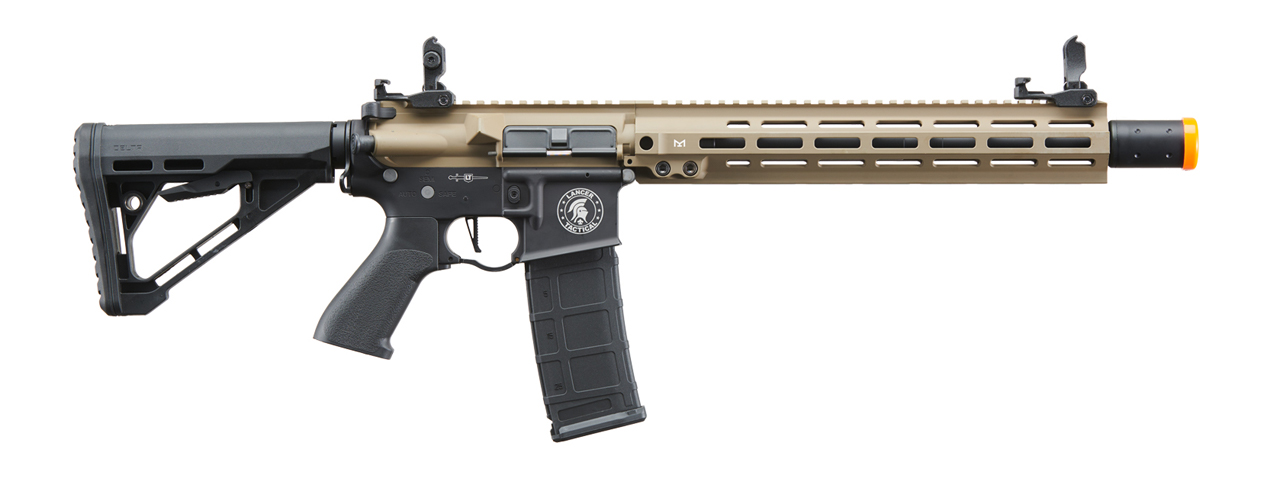 Lancer Tactical Blazer 13" M-LOK Proline Series M4 Airsoft Rifle with Delta Stock & Mock Suppressor (Color: FDE Upper Receiver & Black Lower) - Click Image to Close