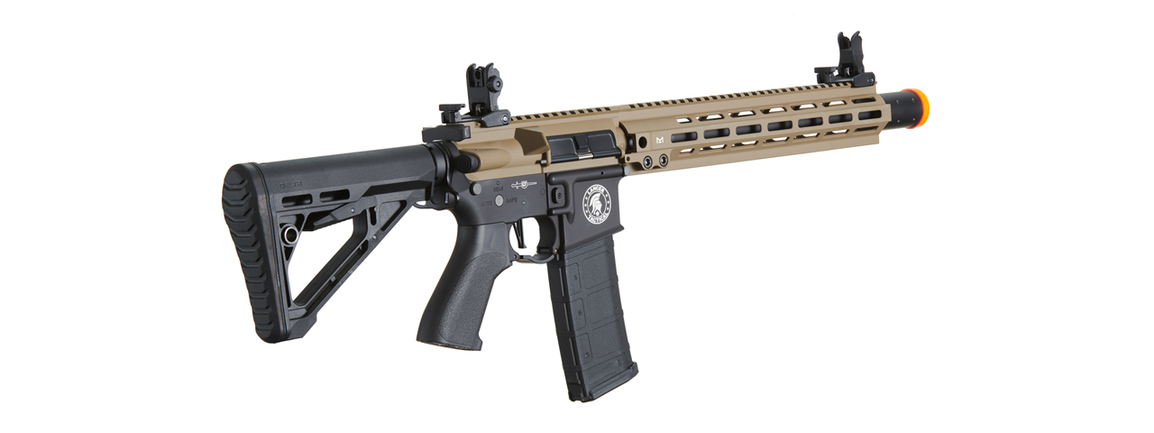 Lancer Tactical Blazer 13" M-LOK Proline Series M4 Airsoft Rifle with Delta Stock & Mock Suppressor (Color: FDE Upper Receiver & Black Lower) - Click Image to Close