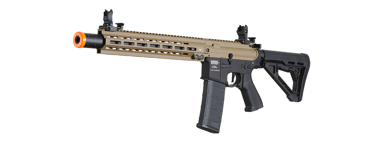 Lancer Tactical Blazer 13" M-LOK Proline Series M4 Airsoft Rifle with Delta Stock & Mock Suppressor (Color: FDE Upper Receiver & Black Lower) - Click Image to Close