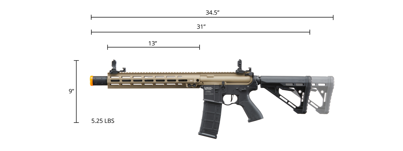 Lancer Tactical Blazer 13" M-LOK Proline Series M4 Airsoft Rifle with Delta Stock & Mock Suppressor (Color: FDE Upper Receiver & Black Lower) - Click Image to Close