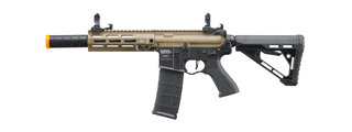 Lancer Tactical Blazer 7" M-LOK Proline Series M4 Airsoft Rifle with Delta Stock & Mock Suppressor (Color: FDE Upper Receiver & Black Lower)