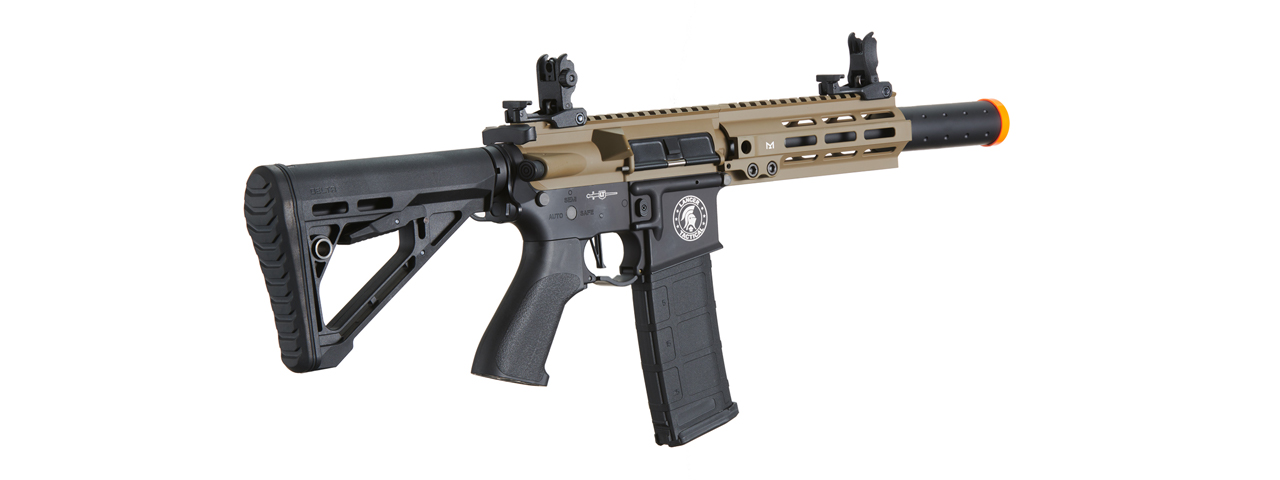 Lancer Tactical Blazer 7" M-LOK Proline Series M4 Airsoft Rifle with Delta Stock & Mock Suppressor (Color: FDE Upper Receiver & Black Lower) - Click Image to Close