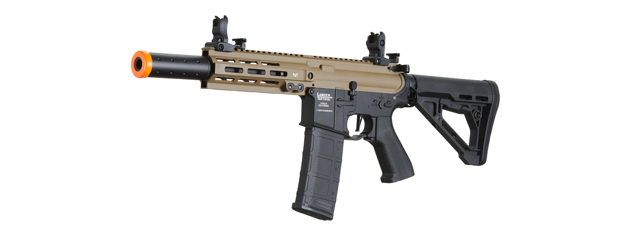 Lancer Tactical Blazer 7" M-LOK Proline Series M4 Airsoft Rifle with Delta Stock & Mock Suppressor (Color: FDE Upper Receiver & Black Lower) - Click Image to Close