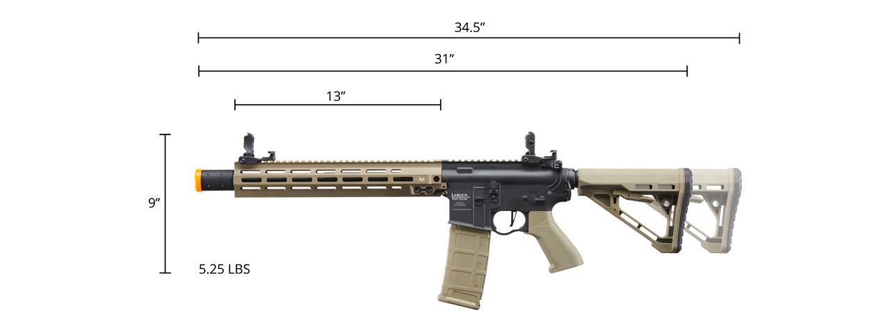 Lancer Tactical Blazer 13" M-LOK Proline Series M4 Airsoft Rifle with Delta Stock & Mock Suppressor (Color: Two-Tone) - Click Image to Close