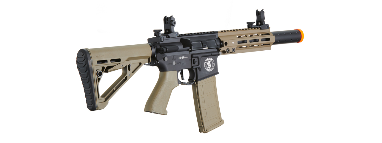 Lancer Tactical Blazer 7" M-LOK Proline Series M4 Airsoft Rifle with Delta Stock & Mock Suppressor (Color: Two-Tone) - Click Image to Close