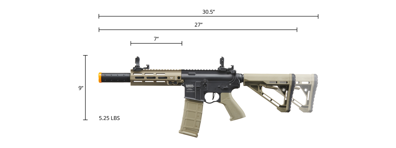 Lancer Tactical Blazer 7" M-LOK Proline Series M4 Airsoft Rifle with Delta Stock & Mock Suppressor (Color: Two-Tone) - Click Image to Close