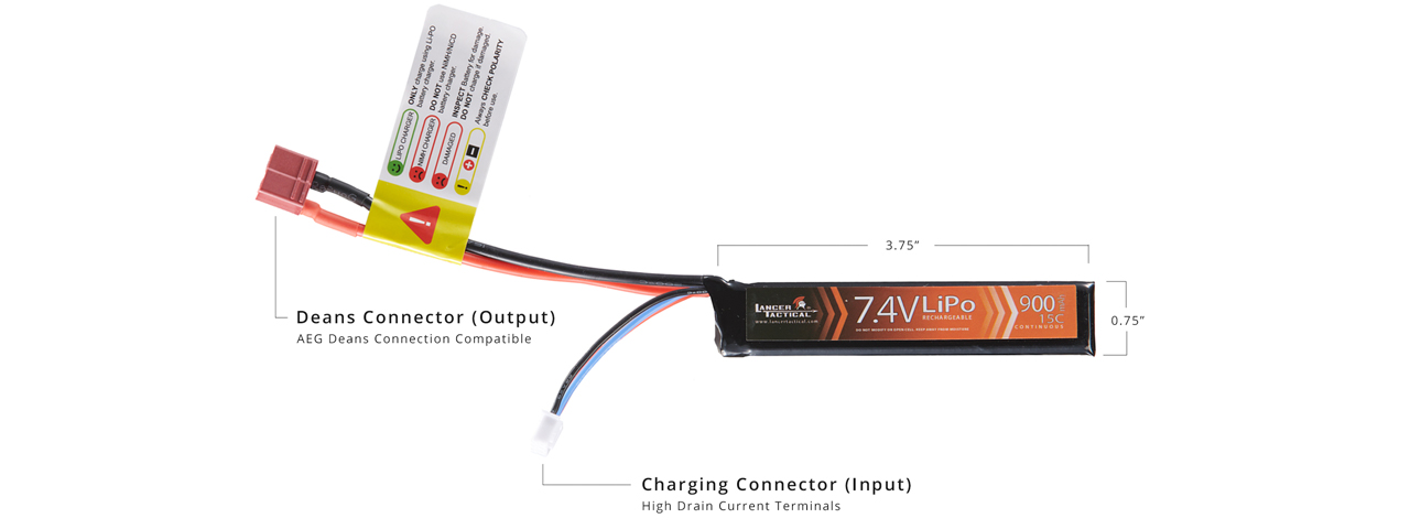 Lancer Tactical 7.4v 900mAh 15C Lipo Battery (Deans Connector) - Click Image to Close