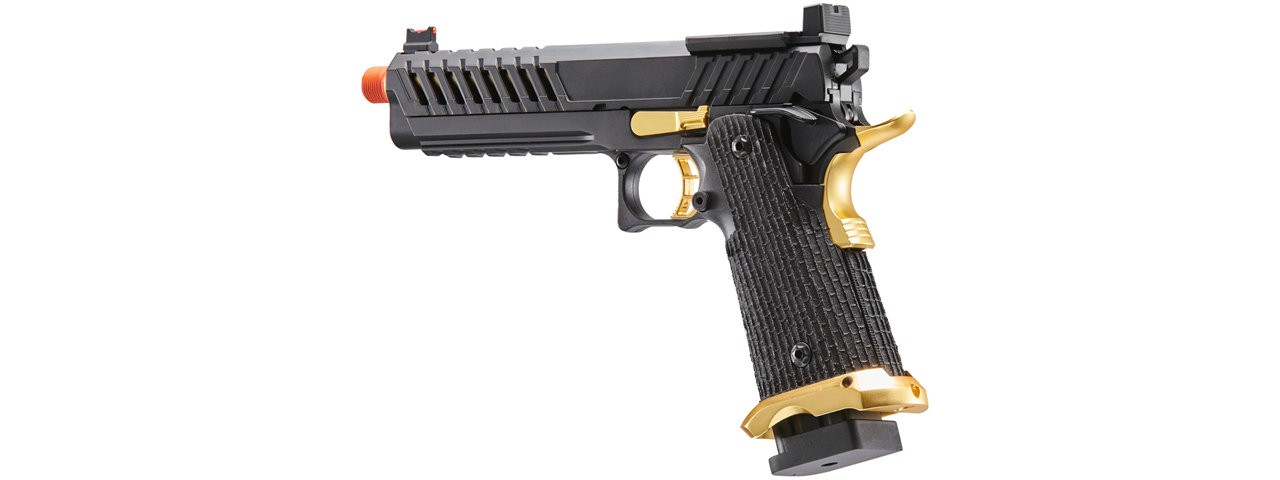 Lancer Tactical Knightshade Hi-Capa Gas Blowback Airsoft Pistol w/ Red Dot Mount (Color: Black & Gold) - Click Image to Close