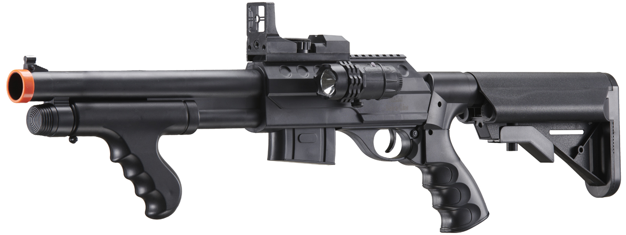 UK Arms Spring M0681D Spring Powered Pump Action Shotgun w/ Red Dot Sight, Flashlight, and Stock (Color: Black) - Click Image to Close