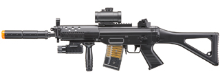 M82P AEG Plastic Gear SG w/Flashlight, Laser, Red Dot Scope, Silencer, Vertical Grip & Side Folding stock