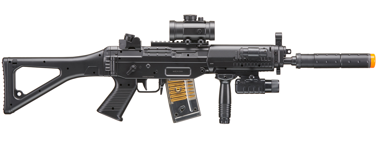 M82P AEG Plastic Gear SG w/Flashlight, Laser, Red Dot Scope, Silencer, Vertical Grip & Side Folding stock