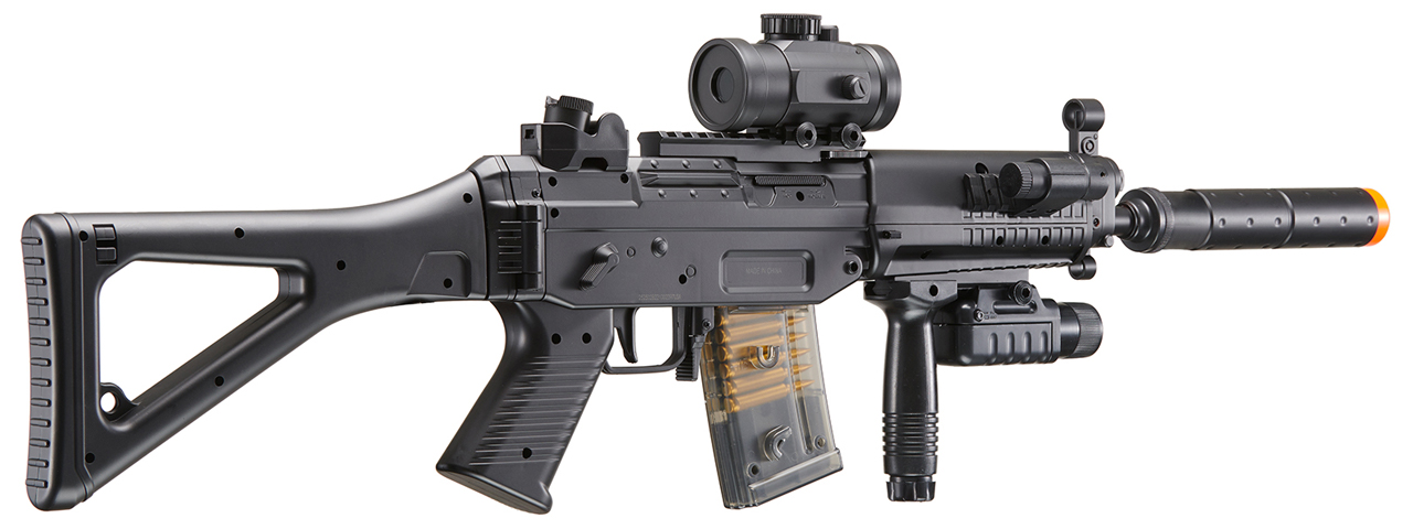 M82P AEG Plastic Gear SG w/Flashlight, Laser, Red Dot Scope, Silencer, Vertical Grip & Side Folding stock