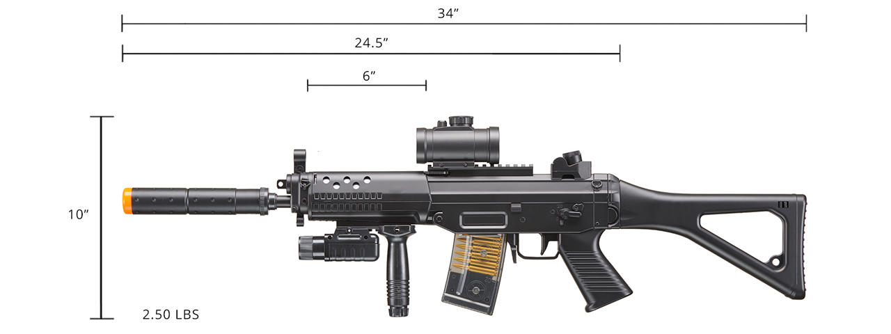 M82P AEG Plastic Gear SG w/Flashlight, Laser, Red Dot Scope, Silencer, Vertical Grip & Side Folding stock