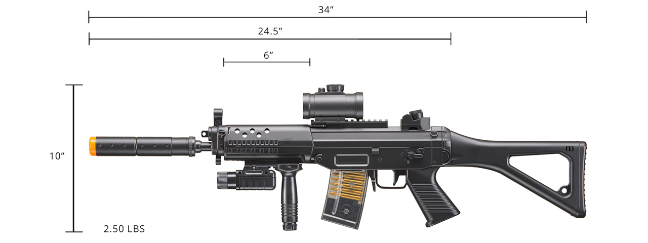 M82P AEG Plastic Gear SG w/Flashlight, Laser, Red Dot Scope, Silencer, Vertical Grip & Side Folding stock - Click Image to Close