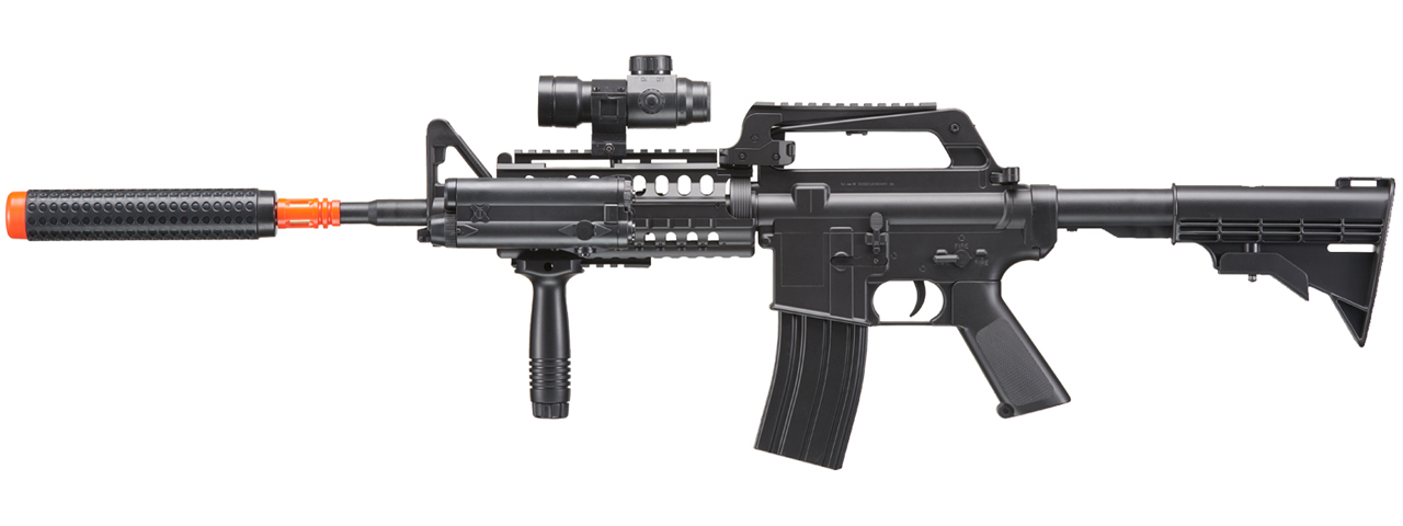 WELL M4 AIRSOFT SPRING RIFLE W/ SCOPE, GRIP, LASER, EXTENSION - BLACK