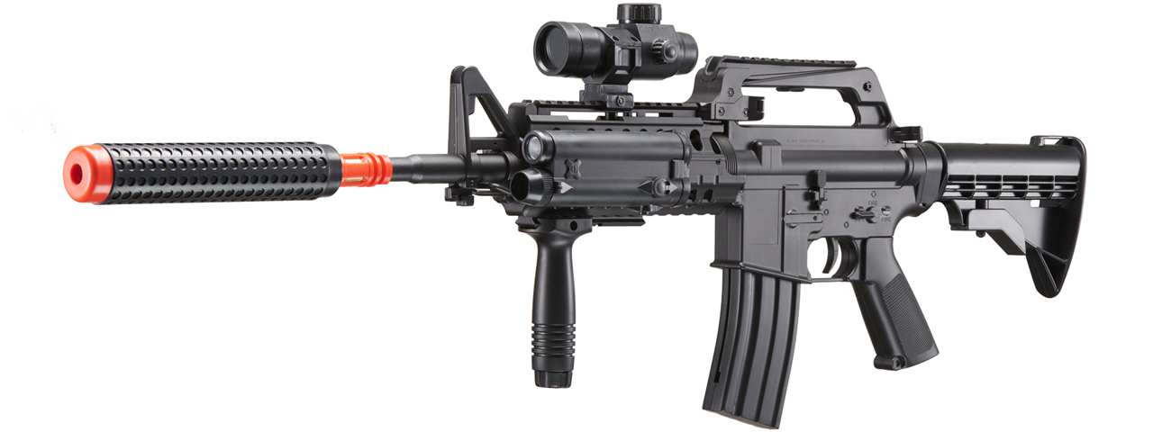 WELL M4 AIRSOFT SPRING RIFLE W/ SCOPE, GRIP, LASER, EXTENSION - BLACK - Click Image to Close