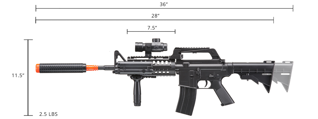 WELL M4 AIRSOFT SPRING RIFLE W/ SCOPE, GRIP, LASER, EXTENSION - BLACK - Click Image to Close