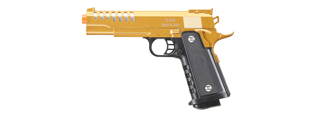 UK Arms 2011 Alloy Series Spring Airsoft Pistol w/ Vented Slide (Color: Gold) - Click Image to Close