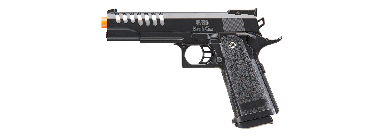 UK Arms 2011 Alloy Series Spring Airsoft Pistol w/ Wavey Stippling (Color: Black) - Click Image to Close