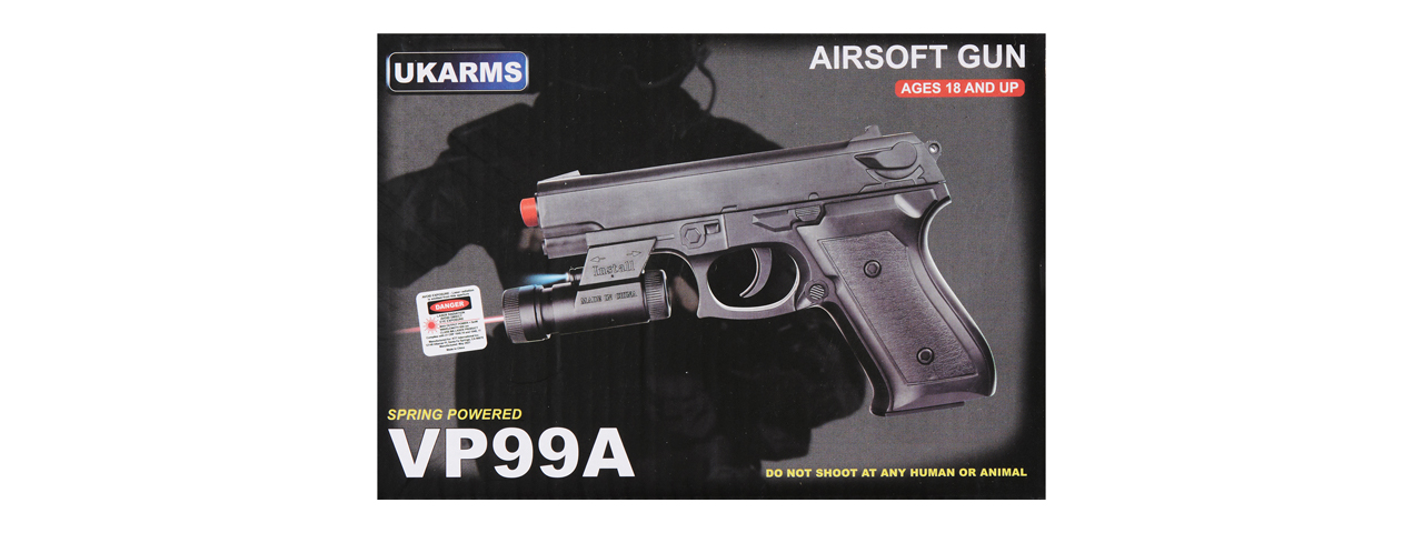 UK Arms V1918A Spring Powered Airsoft Pistol w/ Laser & Light (Color: Black) - Click Image to Close