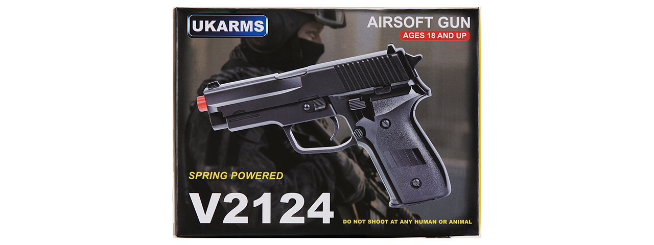 UK Arms P228 Plastic Spring Powered Airsoft Pistol (Color: Black) - Click Image to Close