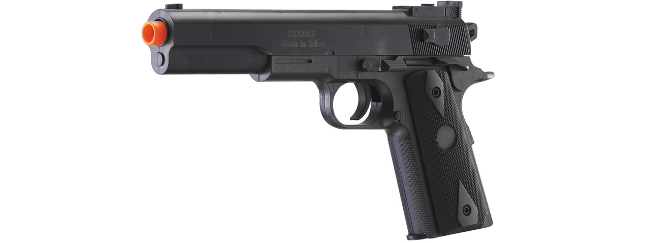UK Arms M1911 Spring Powered Airsoft Pistol w/ Metal Flitch and Tube (Color: Black) - Click Image to Close