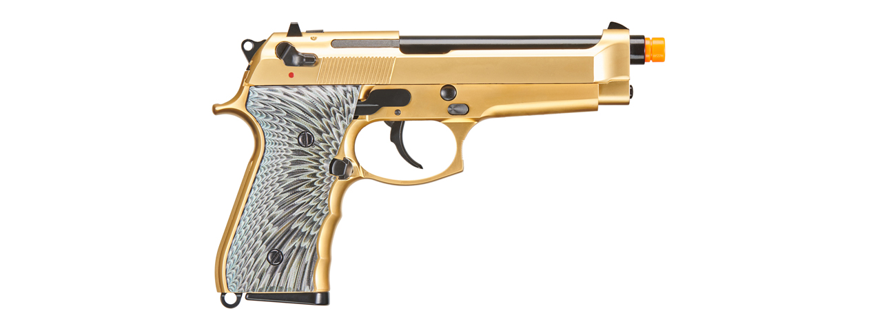 WE-Tech New System M92 Eagle Full Auto Airsoft Gas Blowback Pistol (Color: Gold) - Click Image to Close