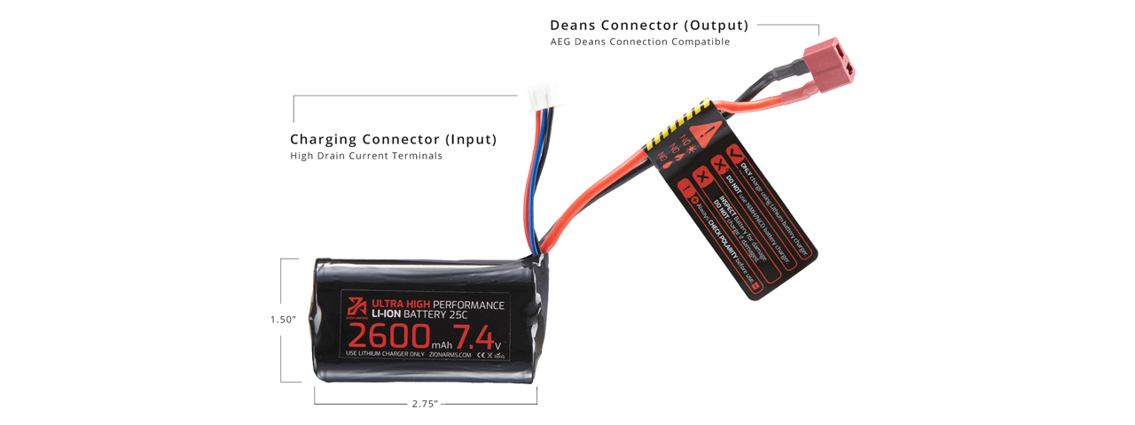 Zion Arms 7.4v 2600mAh Lithium-Ion Brick Battery (Deans Connector) - Click Image to Close