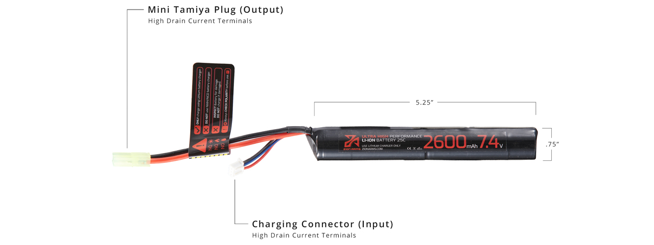 Zion Arms 7.4v 2600mAh Lithium-Ion Stick Battery (Tamiya Connector) - Click Image to Close