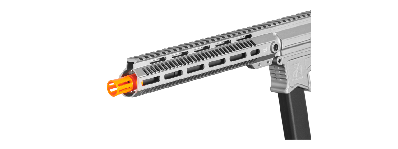 Zion Arms R&D Precision Licensed PW9 Mod 1 Long Rail Airsoft Rifle with Delta Stock (Color: Grey) - Click Image to Close